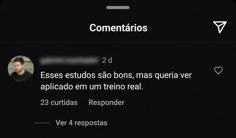 Comentário dizendo que os estudos são bons, mas queria ver aplicado em um treino real